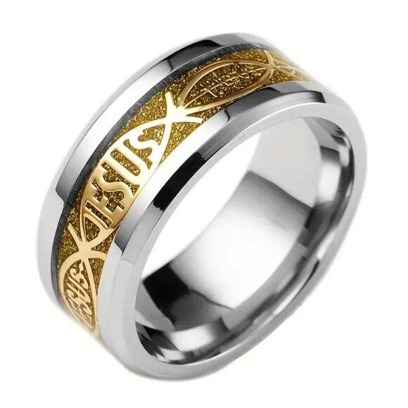Tungsten Steel Carbide & Gold Jesus Carbon Inlay Statement Band Ring - Picture 2 of 2